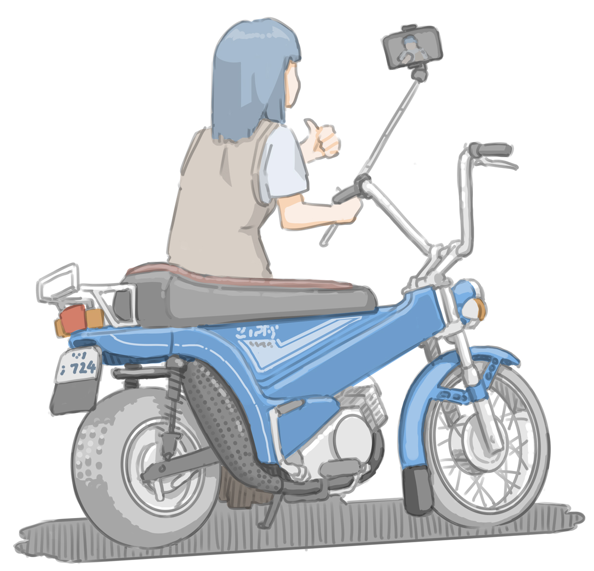 1girl ground vehicle thumbs up motor vehicle solo blue hair white background  illustration images