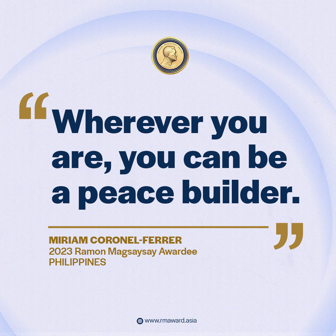 MagsaysayAward's tweet photo. Join us on NOVEMBER 8, 2023, from 10:00 PM to 12:00 NN (Manila Time) and embrace the opportunity to become a catalyst for peace, regardless of your location with 2023 Ramon Magsaysay Awardee MIRIAM CORONEL-FERRER.

REGISTER here: https://t.co/x2rAskBf5G
#RMTLILectureSeries2023 https://t.co/RjEtXKh9kG