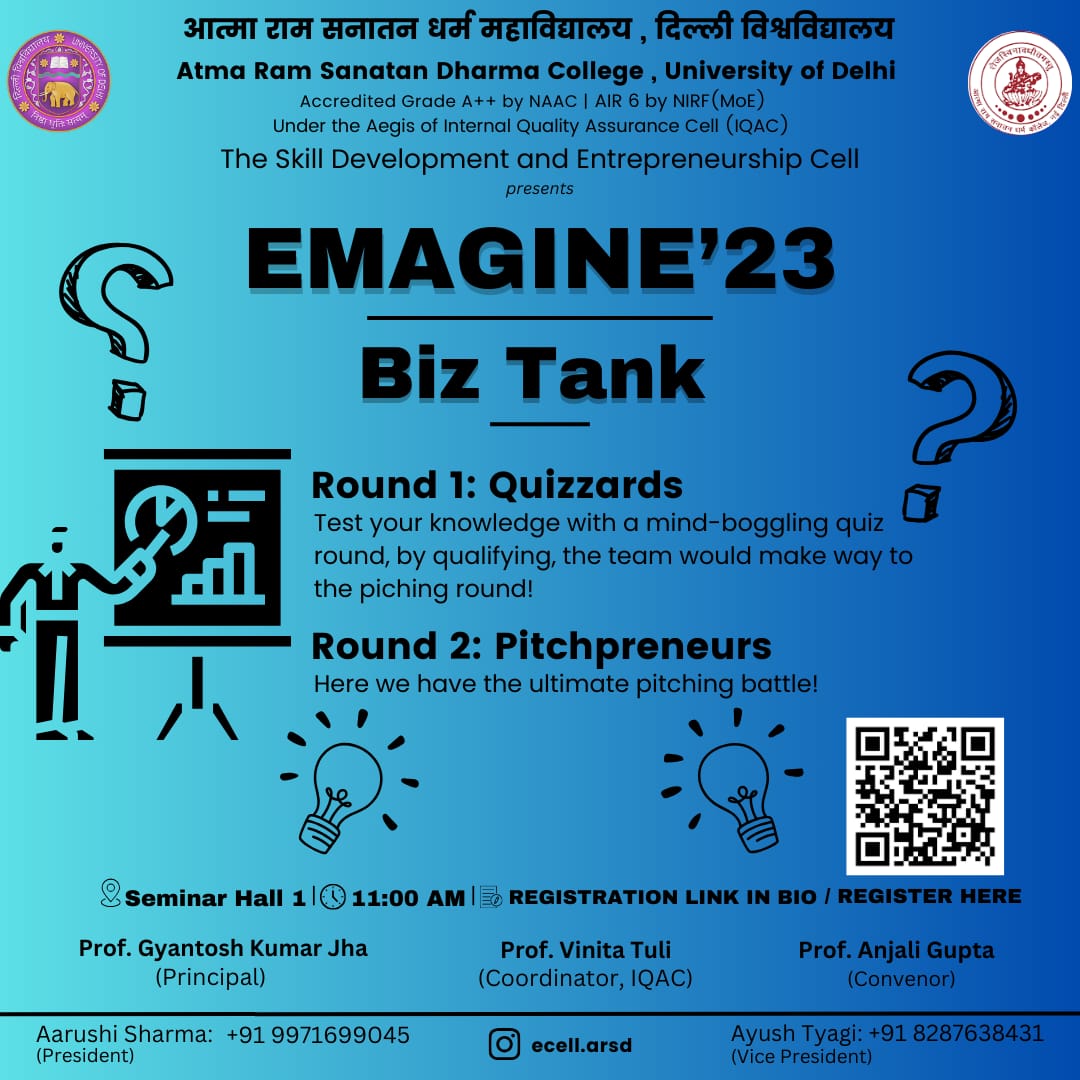 arsdcollegedu's tweet image. #ecell @arsdcollegedu, @UnivofDelhi

With much anticipation, we&apos;re unveiling the return of our annual flagship fest E-MAGINE to raise your knowledge bar⭐🔥
Our esteemed Speakers includes Vedant Kaushik &amp;amp; Ms Riya Upreti. 

@EduMinOfIndia @ugc_india