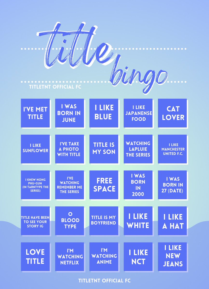TitleTNT_OFC's tweet photo. 👋🏻 ก๊อกๆๆ มาเล่น bingo title กัน🩵✨ 

เล่นแล้วอย่าลืมติด # น้องนะฮะ เพิ่มยอดเอนเกจให้น้องกันฮะ 

👋🏻Knock Knock please to join Bingo Title 🩵✨
** Don't forget add # hashtag

#TitleTNT #TrophyTITLE https://t.co/brhpwna7iq