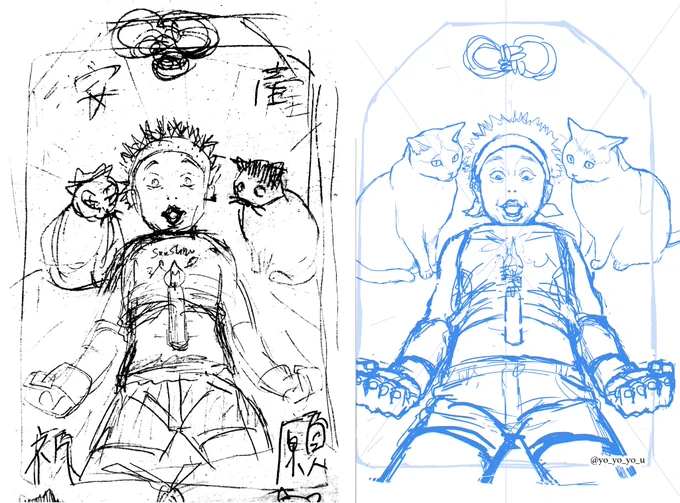 制作過程。ラフからデジタルで描き始めることが基本多いですがこの時は突然に構図が浮かんだので鉛筆でさっと描き留めました