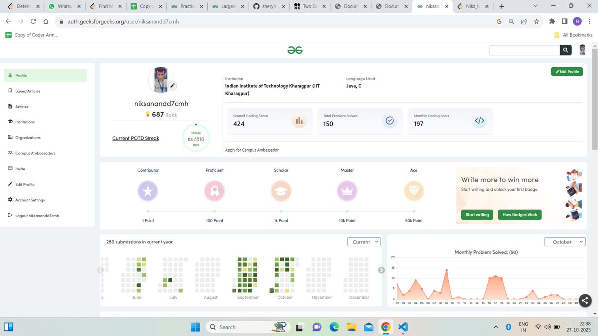 niks_developer's tweet image. 🚀 Just hit a major milestone in my coding journey! 🎉 Completed 150 problems on @geeksforgeeks and 65 on @LeetCode took 2 months. 💻💪 Mastered Array, Binary Search, Linear Search, String, and Sorting. Onwards and upwards! #CodingMilestone #GeekForGeeks #LeetCode
