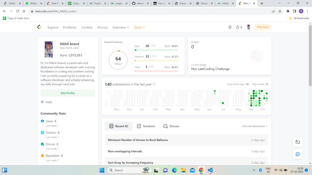 niks_developer's tweet image. 🚀 Just hit a major milestone in my coding journey! 🎉 Completed 150 problems on @geeksforgeeks and 65 on @LeetCode took 2 months. 💻💪 Mastered Array, Binary Search, Linear Search, String, and Sorting. Onwards and upwards! #CodingMilestone #GeekForGeeks #LeetCode