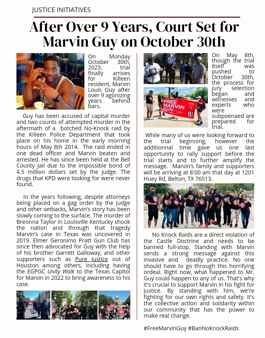 EGPGunClub's tweet photo. #EGPGC will be at the Bell County Courthouse on Monday October 30th in #Killeen #Texas to support #MarvinGuy whose been imprisoned in JAIL for OVER 9 YEARS without trial since surviving a deadly #NoKnockRaid in 2014. #freemarvinguy https://t.co/XqQeJ63oH5
