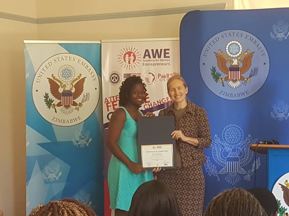 jesmva's tweet photo. Privileged to have graduated from the Academy of Women Entrepreneurs AWE. A @USEmbZim program run by #purseonpoint in Zim &amp; Pungwe Impact @wchimhepo in Mutare. 
So grateful for the seed funding which will go towards pushing my business. 
#AWEnergised
#usembassyzim
#aweinzim https://t.co/kckHUZ00Vq