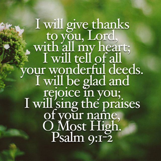 Psalms 9:1-2 I will praise thee, O LORD, with my whole heart; I will shew forth all thy marvellous works. I will be glad and rejoice in thee: I will sing praise to thy name, O thou most High. AMEN 🙏✝️