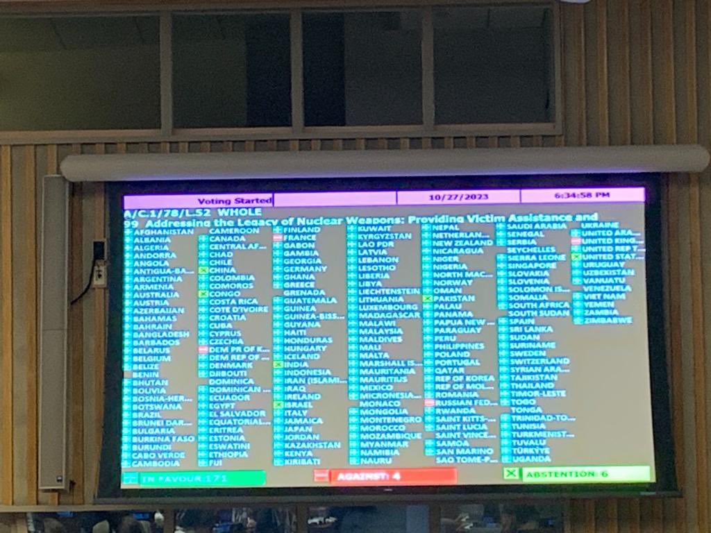 AmbKazUN's tweet image. Grateful to 🇺🇳 MSs for strongly supporting UNGA resolution “Addressing the Legacy of Nuclear Weapons: Providing Victim Assistance and Environmental Remediation to Member States Affected by the Use or Testing of Nuclear Weapons” tabled by 🇰🇿&amp;amp;🇰🇮 at this year’s #FirstCommittee.
