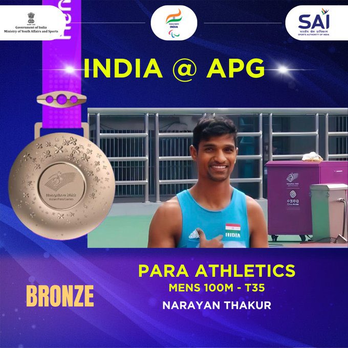 Pr. CCIT, WB & Sikkim proudly congratulates Shri Narayan Thakur, an official posted in this charge for securing Bronze medal in the Men's 200m T35 event at the #AsianGames2022 in Hangzhou, China. 

#Cheer4India
#Praise4Para
@IncomeTaxIndia