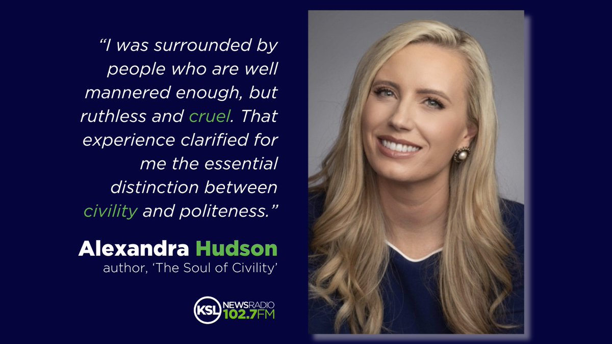 kslnewsradio's tweet image. ICYMI: Listen to the full episode of Inside Sources with author Alexandra Hudson. Her assertion that civility doesn&apos;t equate to politeness will grow on you!
@LexiOHudson  #thesoulofcivility #insidesources #kslnewsradio
Listen 👇
bit.ly/47aiy6S