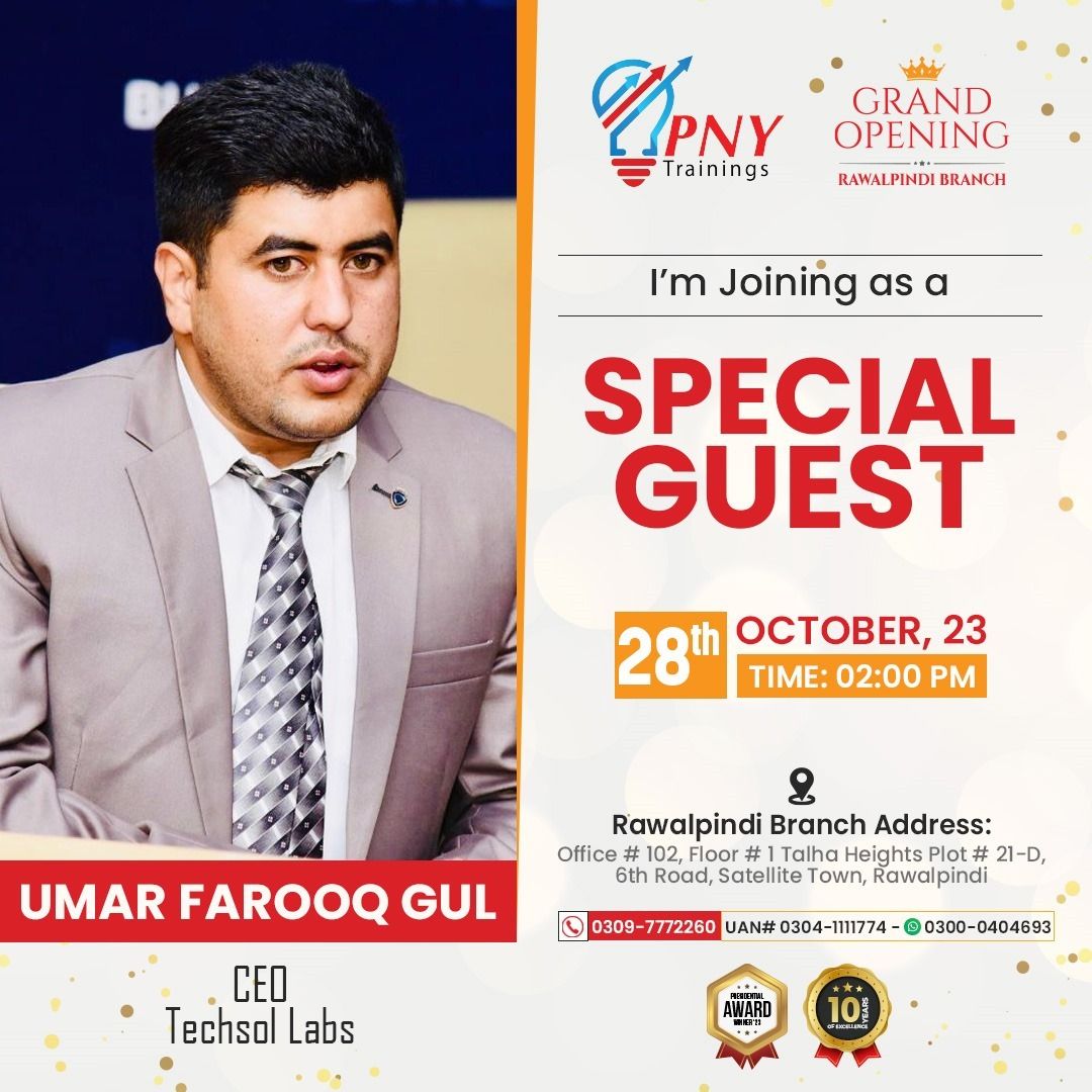 Engr. <a href="/eumarfarooqgul/">Umar Farooq Gul</a> the Special Guest of <a href="/PnyTrainings/">PNY Trainings</a>

<a href="/youthinconclave/">Youth International Conclave YIC</a> is proud to announce that Engr.<a href="/eumarfarooqgul/">Umar Farooq Gul</a>, the distinguished President of <a href="/youthinconclave/">Youth International Conclave YIC</a>  and CEO of <a href="/TechsolLabs/">Techsol Labs</a> will be the special guest at the grand opening of <a href="/PnyTrainings/">PNY Trainings</a> 

#YIC #PnyTrainings