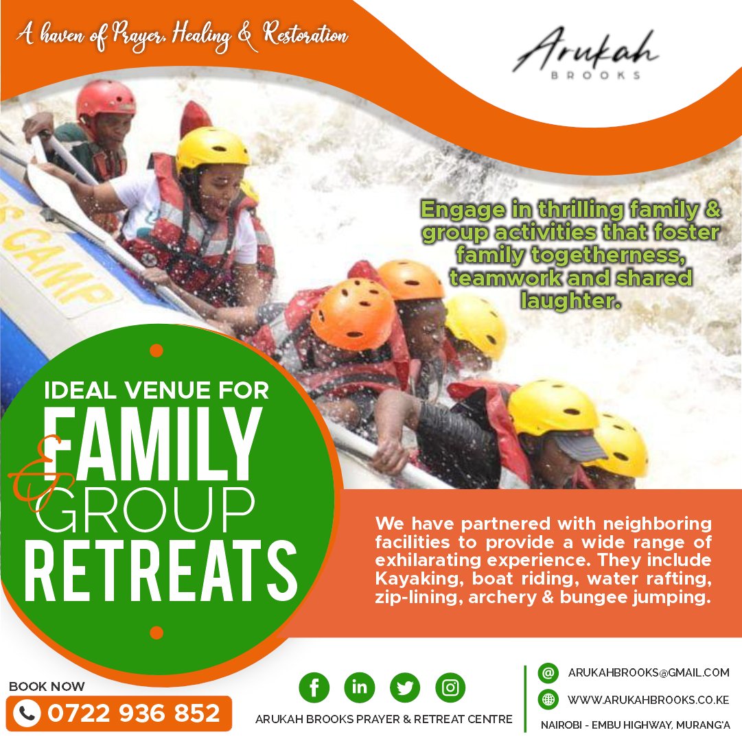 Looking for a retreat venue for your family or Church group this Christmas? Engage in thrilling family &amp; group activities that foster family togetherness, teamwork and shared laughter. Call us on 0722 936 852. Check our website for more details: arukahbrooks.co.ke