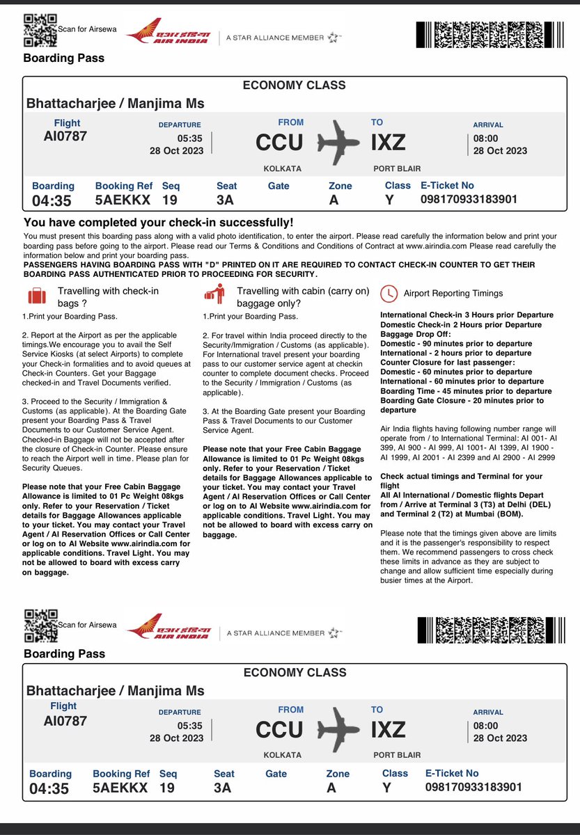 Hello!
I booked flight no. AI 787 from CCU to IXZ with PNR no. 5AEKKX seat no 3A, 3B and 3C. But at the time of dropping of my luggage my seat numbers were changed to 4D, 4E and 4F. May I know the reason for the same as I have paid for the seats prior. <a href="/airindia/">Air India</a>