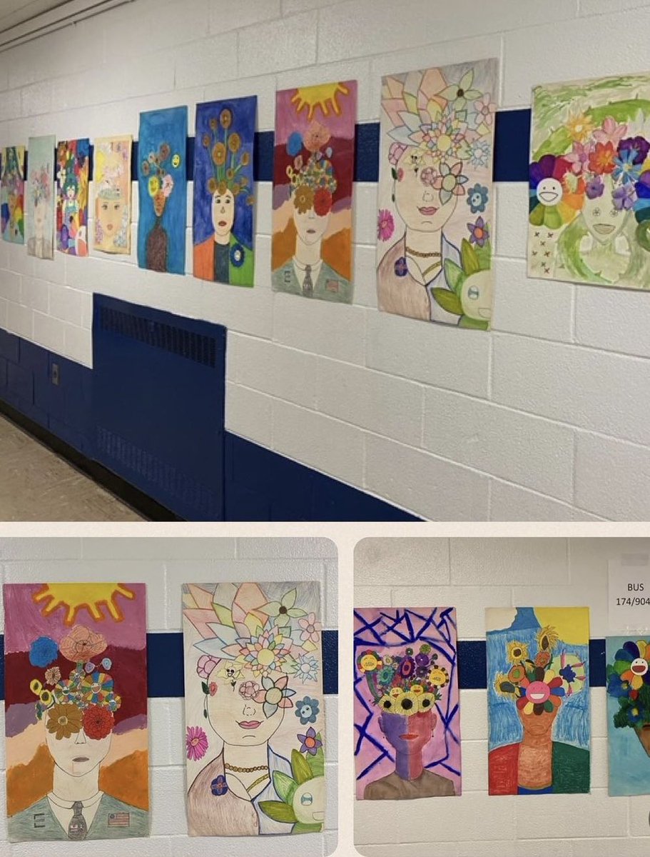 Mr. Ucelli is thrilled to share a brand new art display from our high school students called Bouquet of Fusion. They studied Frida Kahlo, Georgia O'Keeffe, Takashi Murakami, and Vincent van Gogh #elevated31 #prek12 #artistsofpetrides #petridesartgallery