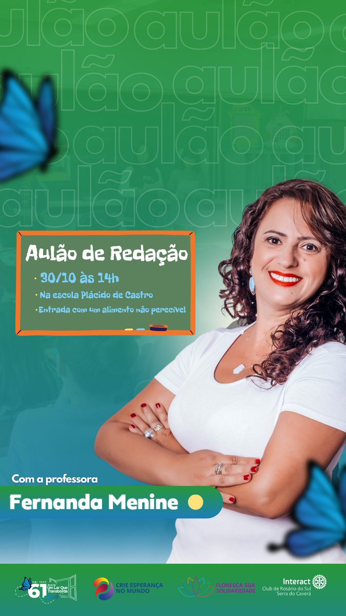 interactcavera's tweet photo. -Aulão de Redação com a professora Fernanda Menine. Na Escola Plácido de Castro às 14h, entrada com um alimento não perecível. 💙📚

#interact https://t.co/YTfAFgzwXT