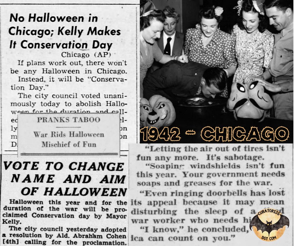 curator135's tweet photo. As the US neared its 11th month of involvement in WWII, many folks thought that the tricks played on Halloween would damage war efforts. Chicago even went so far as to change the name of October 31st to 'Conservation Day'. #vintagehalloween #HalloweenHistory #chicago #Halloween https://t.co/lCKETzyCDq