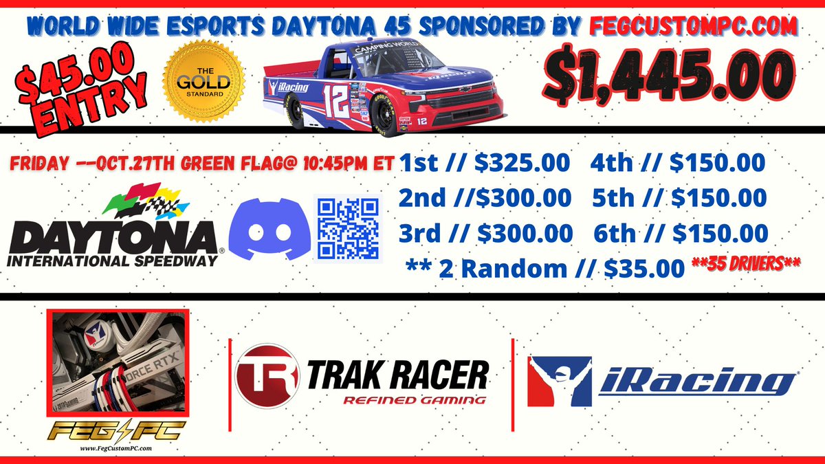 Feg_PC's tweet photo. Friday Night Double-Header Money Racing !!!
@everyone
----------
Race 1 @ Daytona -- Green Flag 9:30PM Est
https://t.co/6GwDsFlD23

Race 2 @ Daytona -- Green Flag 10:45 Est
https://t.co/lXJKJoHRho

CAN'T RACE TONIGHT?   JOIN OUR DISCORD
https://t.co/5OqHIGvhqZ https://t.co/ovsU8dpn7x