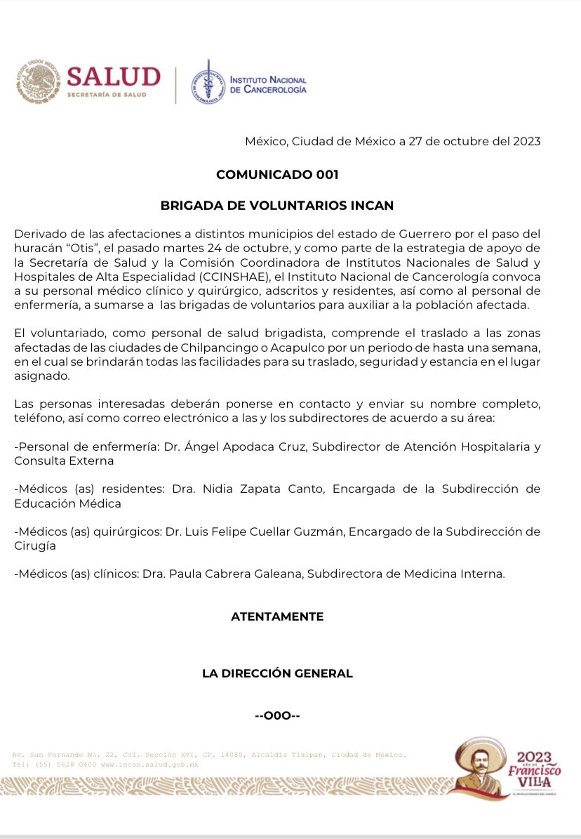 incanMX's tweet photo. #Comunicado Si eres personal médico clínico o quirúrgico, residente o personal de enfermería, súmate a la brigada de voluntarios del INCan para apoyar a las comunidades afectadas por el huracán "Otis". #JuntosPorGuerrero https://t.co/1CfcVpGfGV