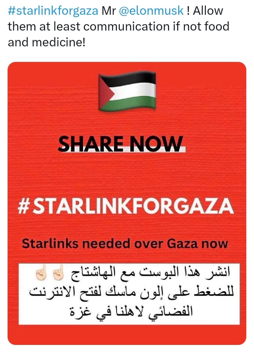 azizikhalid's tweet photo. @elonmusk please provide starlink for Gaza. #stopgenocide #starlinkforgaza https://t.co/X6b0Crmh95