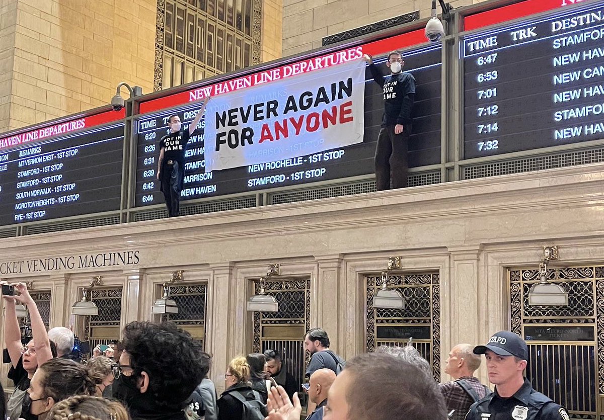 LEFT: ACT UP’s DAY OF DESPERATION ACTION DEMANDING FUNDING FOR AIDS NOT WAR (1991)

RIGHT: JEWISH VOICE FOR PEACE CEASEFIRE ACTION DEMANDING AN END TO THE GENOCIDE IN GAZA (2023)