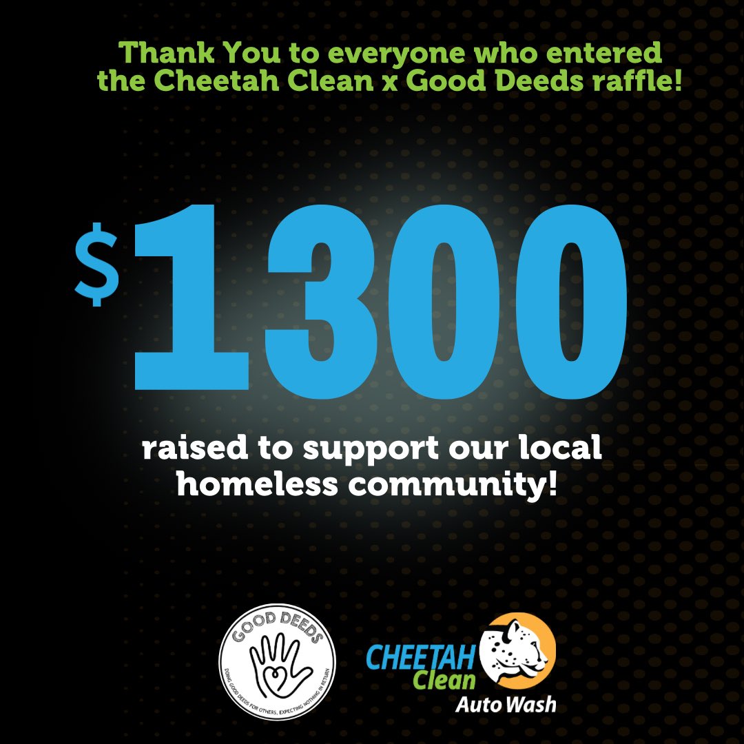 cheetahclean's tweet photo. We're thrilled to announce the incredible success of the @cheetahclean x @_thegooddeeds raffle! Thanks to your support, we raised $1,300 for our local homeless community. 🙌🏠 

Huge thanks to everyone who entered, and a big congratulations to the winner,Tracy Oliver! https://t.co/mwnzsSuzlJ