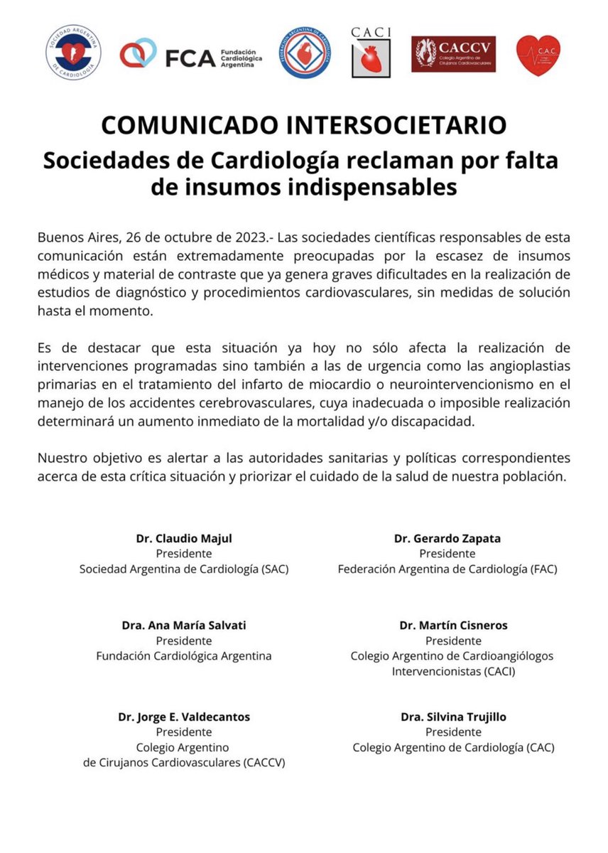 La enfermedad cardiovascular es la primera causa de muerte en la Argentina. No contar con los elementos necesarios para tratarla es de una gravedad extrema. Es necesario difundir este reclamo por la salud de todos. 
ES URGENTE‼️ 
Muchas gracias