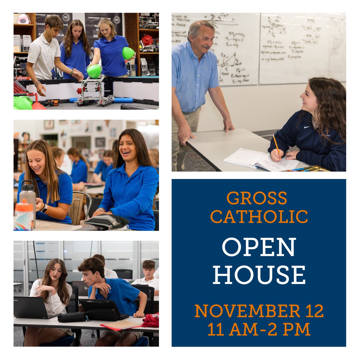 grosscatholic's tweet photo. 🤖🏆 Unleash your inner innovator! Explore robotics, academies, athletics, activities and more at Gross Catholic's Open House on Nov 12th, 11 AM-2 PM. A world of opportunities awaits you! ?? #DiscoverPossibilities RSVP at https://t.co/68GcjLoCE2 https://t.co/ejqyGZtFj0