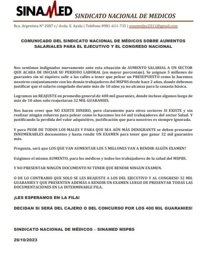 Sinamed_MSPYBS's tweet photo. Comunicado del #SinamedPy sobre aumentos salariales para el Ejecutivo y Congreso Nacional. https://t.co/k17YgERuGV