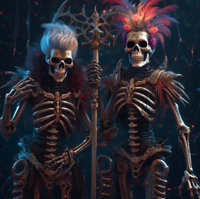 AliceLooknGlass's tweet photo. Here you go Angie, especially for you. Two different AI art pieces using your words as prompts!! I love it, Happy Halloween!😘😘🤗
#Halloween #AIArt #SkeletonMen https://t.co/YlQOA6TzQO