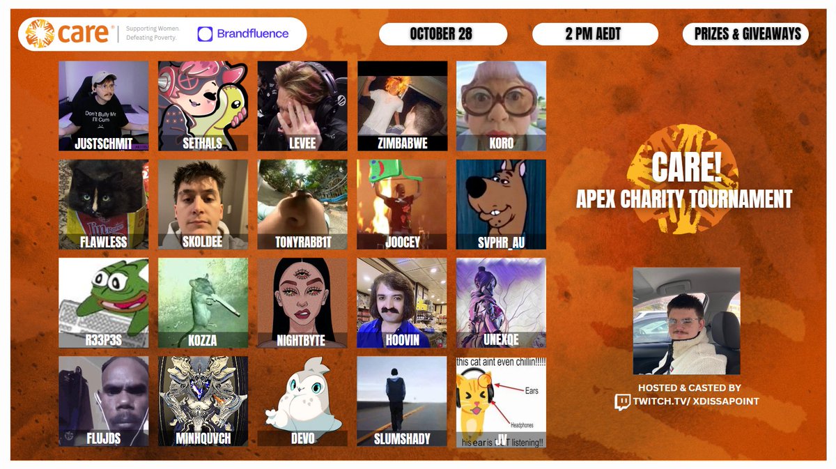 Here are out final 20 players for the CARE! Apex Charity Tournament!

Absolute gems of the community coming out to get around a good cause!

🕑Tournament at 2pm today! will be live at 1pm AEDT to get everything up to date as we walk through what is CARE!
🎁Prizes and Giveaways