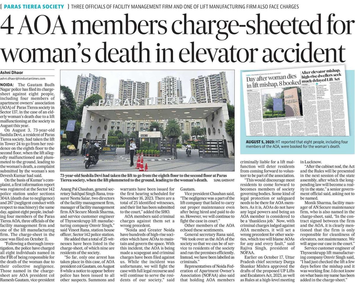 <a href="/CeoNoida/">CEO, NOIDA Authority</a> <a href="/DCPCentralNoida/">DCP Central Noida</a> <a href="/AdtAmbrish/">Ambrish Tripathi</a> <a href="/CP_Noida/">CP Noida</a> It's a right step AOA's are equally responsible for any tragedies happening in societies.Everyone knows why a few people's of societies are forming AOA's. It's a totally power-hungry job, not a thankless job as per today's scenario