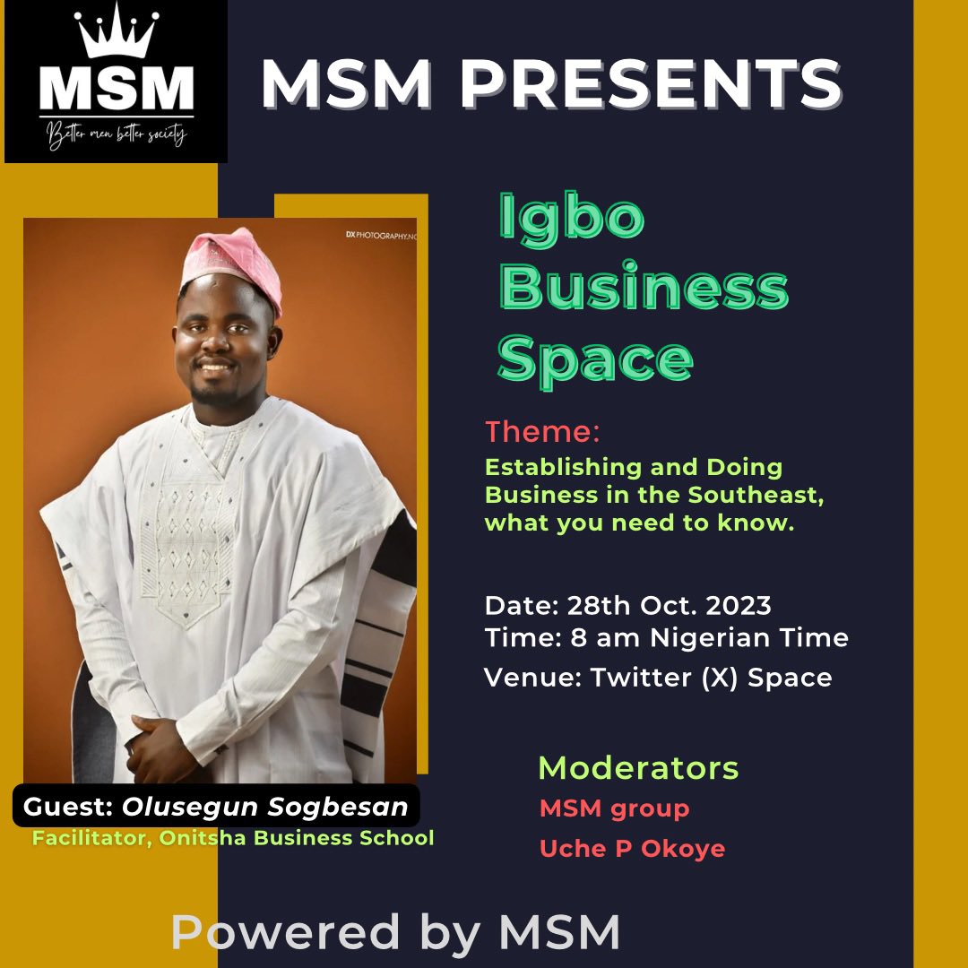 odogwu_ogidi's tweet photo. Points to discuss

1. Why Southeast? Why we must invest in South east.
2. Businesses that can thrive in the Southeast
3. Grants, loans and/or government assistance to help start or boost businesses in the region.
4. Partnerships available
5. Drivers of businesses in the southeast. 
6. Taxation 
7. Challenges and recommendations