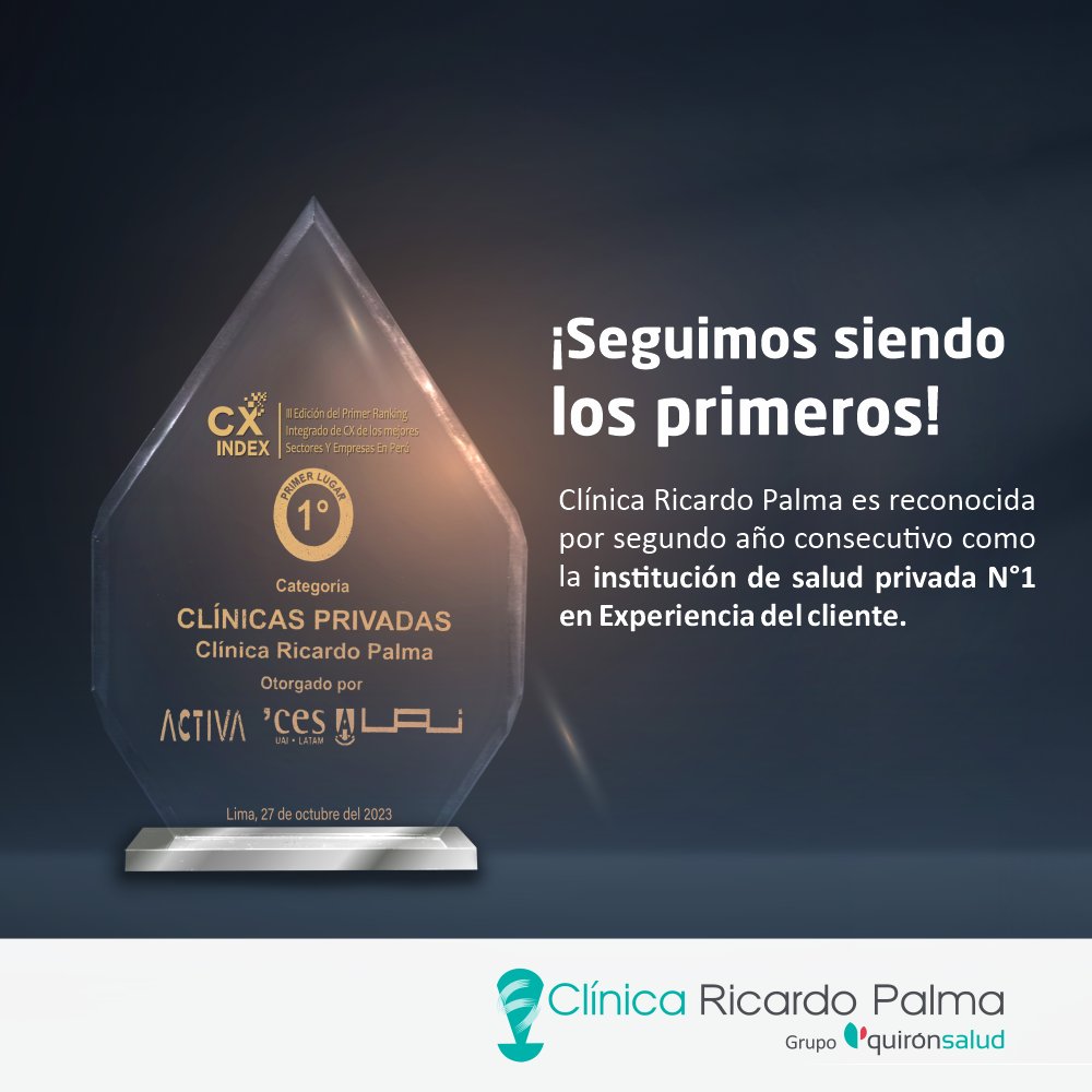 CRicardoPalma's tweet image. afiliados” refiere Antonio Feria, gerente general de la Clínica Ricardo Palma. 

¡Seguimos siendo los primeros! (4/4)

#SeguimosSiendoLosPrimeros #CXIndex #PrimerLugar #ExperienciaAlPaciente #Premio #Reconocimiento #ClínicaPrivada #CRP #ClínicaRicardoPalma #Quirónsalud