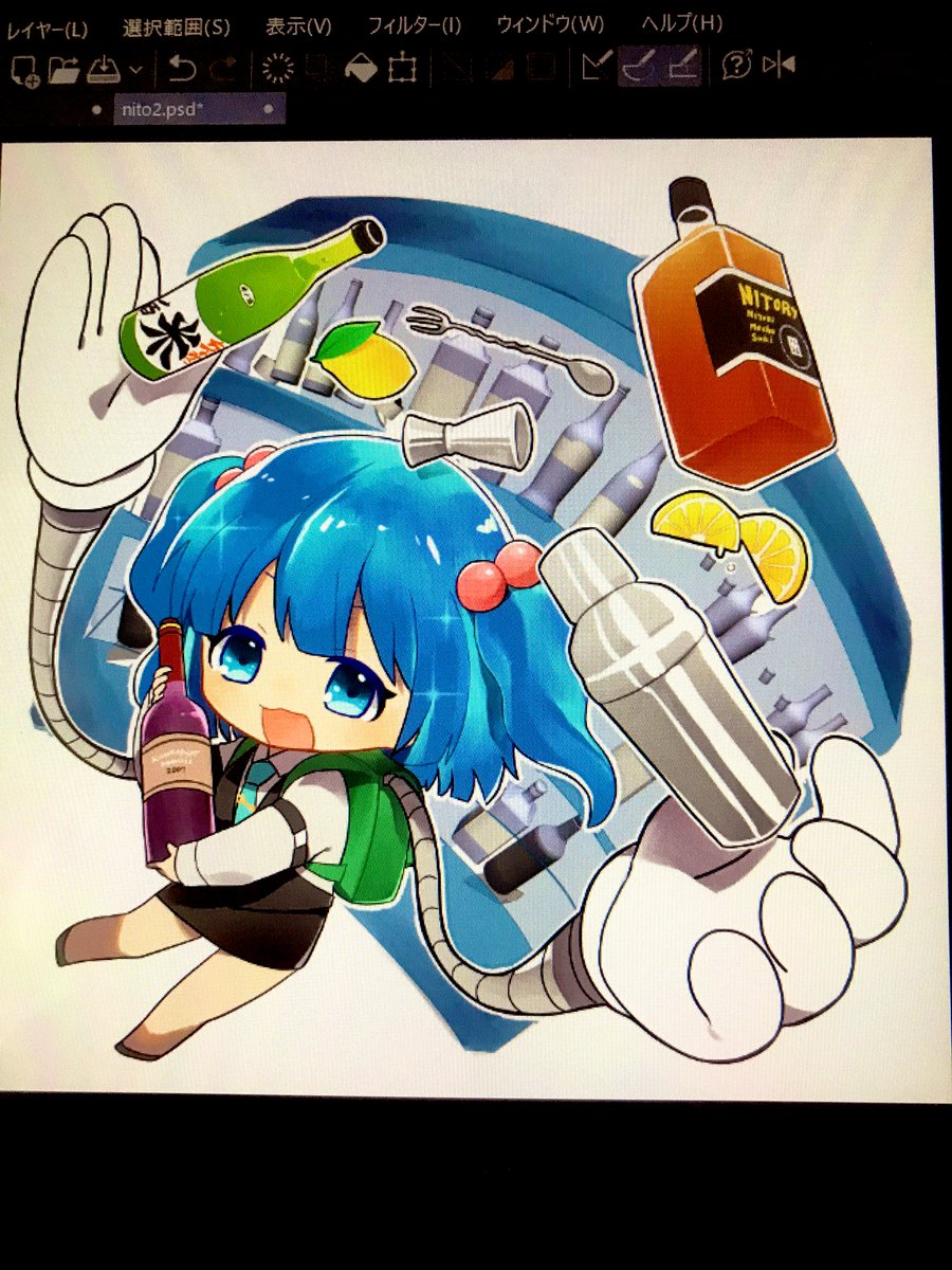 酒の仕事するにとりをテーマに2枚描いたんだけど、服どんなのにするか相談しながら描くの楽しかったよ
4枚目は締切に間に合わなかったけど背景に酒棚描きたかった〜の名残 供養 