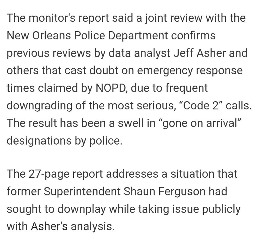 JPMorrell's tweet photo. For 2 years, through 2 chiefs, Tyrell Morris (#OPCD), NOPD & the Mayor have been attacking the analysis of @Crimealytics who has cast doubts on the rose colored crime stats.
He was right the entire time.
This will be an issue during budget. https://t.co/aD790lJ9tl
