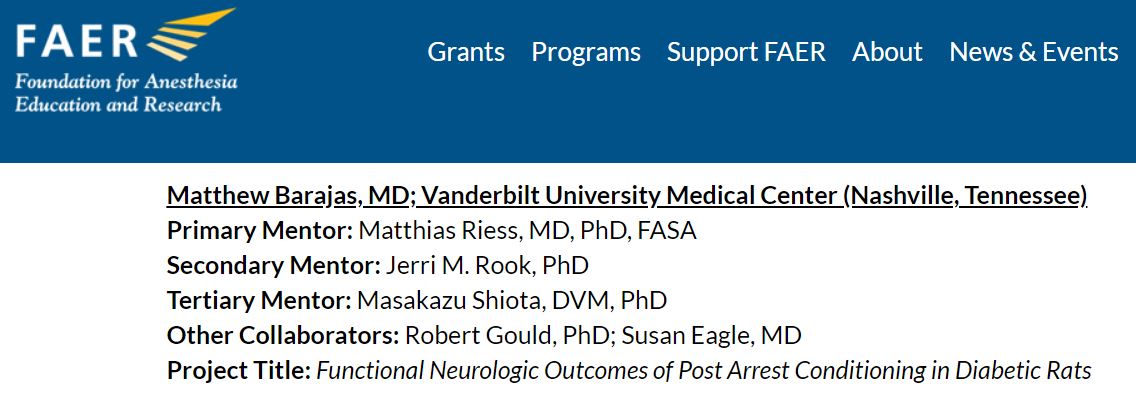 Matthew Barajas & Matthias Riess (@riessbarajaslab) on Twitter photo We are very grateful to <a href="/FAERanesthesia/">FAER</a> for funding our MRTG proposal “Functional Neurologic Outcomes of Post Arrest Conditioning in Diabetic Rats”! <a href="/RiessBarajasLab/">Matthew Barajas & Matthias Riess</a> <a href="/VUMC_Anes/">VUMC Anesthesiology</a> <a href="/DYannopoulos/">Demetris Yannopoulos</a> #cardiacarrest #CPR #FAERgrantees We are very grateful to <a href="/FAERanesthesia/">FAER</a> for funding our MRTG proposal “Functional Neurologic Outcomes of Post Arrest Conditioning in Diabetic Rats”! <a href="/RiessBarajasLab/">Matthew Barajas & Matthias Riess</a> <a href="/VUMC_Anes/">VUMC Anesthesiology</a> <a href="/DYannopoulos/">Demetris Yannopoulos</a> #cardiacarrest #CPR #FAERgrantees
