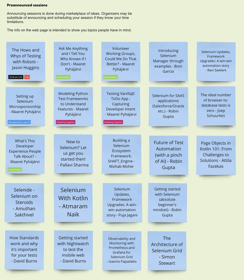 We are few hours away to begin with Selenium Open Space. A few pre announced sessions are displayed. Some would be conversations, some talks, a few workshops and some sharing their experiences! You can still join us, kindly check selenium.dev/sosc