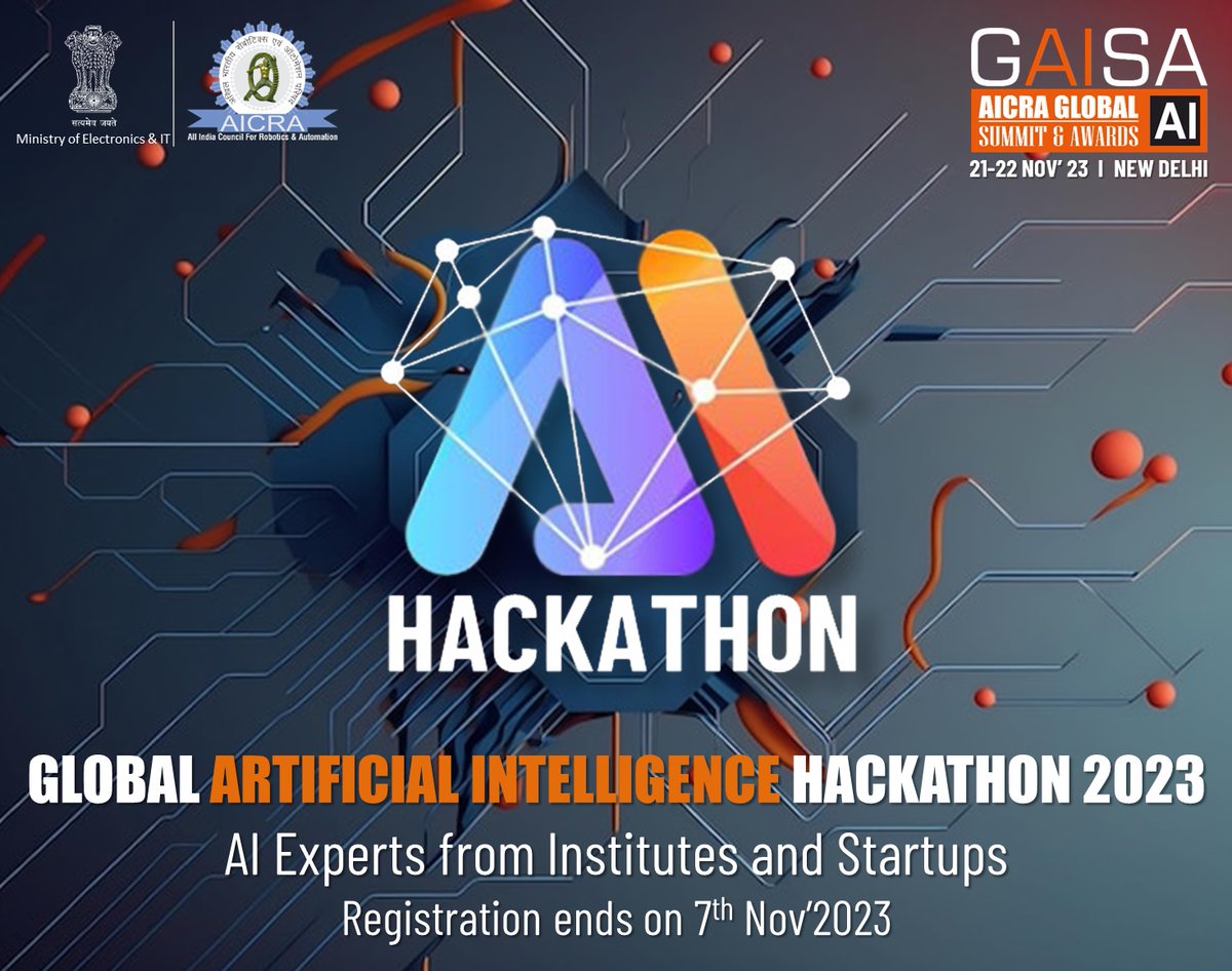 The Largest Artificial Intelligence Hackathon to be held at New Delhi on 21-22 Nov'23, organized by AICRA. 👉 Open Category: Participants can submit any AI solution/project. 👉 Last date for registration 07th Nov 2023. Visit gaisa.in/ai-hackathon #aicra #hackathon #gaisa