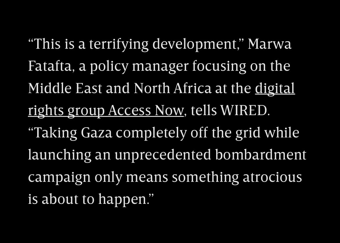 hasnain22's tweet photo. The Destruction of Gaza’s Internet Is Complete - WIRED. Gaza is cut off from food, water, fuel, electricity, gas, medical supplies, provisions — and an internet blackout. https://t.co/TMAkETM8Yg https://t.co/Be1fOeUPp4
