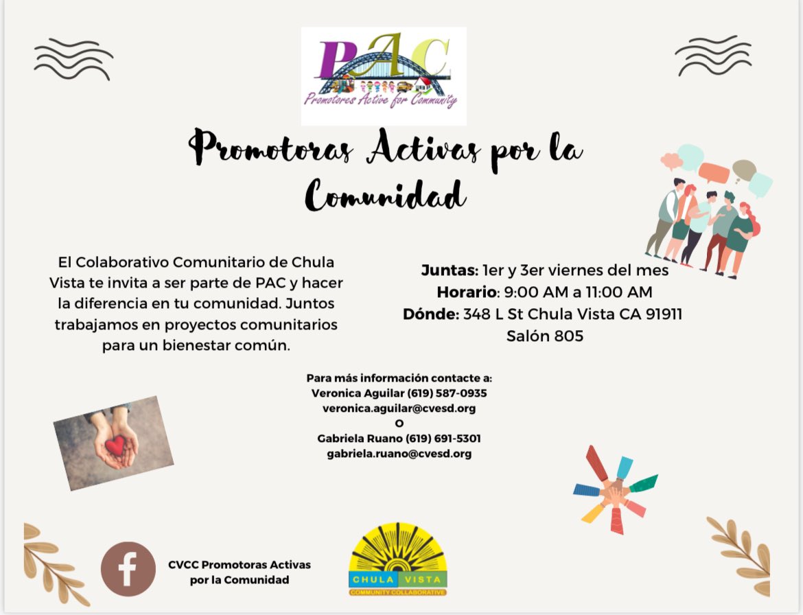 • Promotoras Activas por la Comunidad • Le invitamos a hacer la diferencia en su comunidad. #ChulaVistaCommunityCollaborative #Promotoras #PromotorasActivasPorLaComunidad #PAC #Comunidad #Community