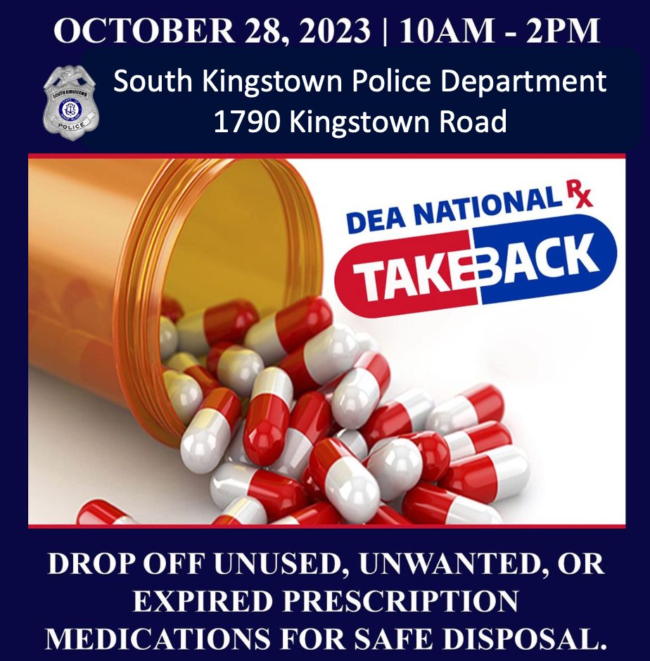 Don’t forget! Tomorrow is National Drug Take Back Day. Drop off unused medication at the South Kingstown Police Department between 10am and 2pm! Needles or liquids will not be accepted. Thank you for helping us keep South Kingstown safe! #ServingSK #DrugTakeBackDay #DrugTakeBack