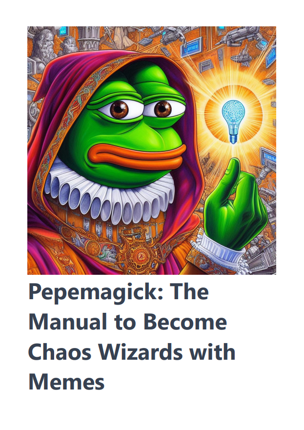 🔮Brace yourselves for the ultimate chaos ride! 🌪️ Unleash the power of memes with 'Pepemagick'! 
Dive into a world where chaos meets digital wizardry and memes become the secret spells of transformation. 🧙‍♂️💥
📖 Get your hands on this mind-bending journey NOW!  #ChaosUnleashed📚