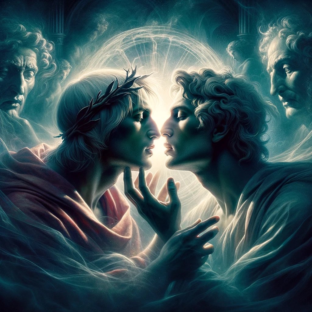 RuociSong's tweet photo. I love ChatGPT I made him draw some Virgil and Dante kiss and now I am awwwwwwwwwwwww https://t.co/2Br66AOf9q