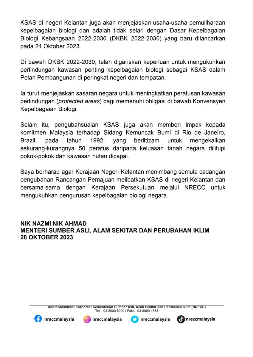 NRECC cadang hentikan peruntukan Ecological Fiscal Transfer (EFT) untuk pemuliharan dan konservasi hutan Kelantan sekiranya kerajaan negeri teruskan  keputusan keluarkan sebahagian besar Hutan Simpan Kekal dari bawah Kawasan Sensitif Alam Sekitar.

Anda setuju atau tidak?