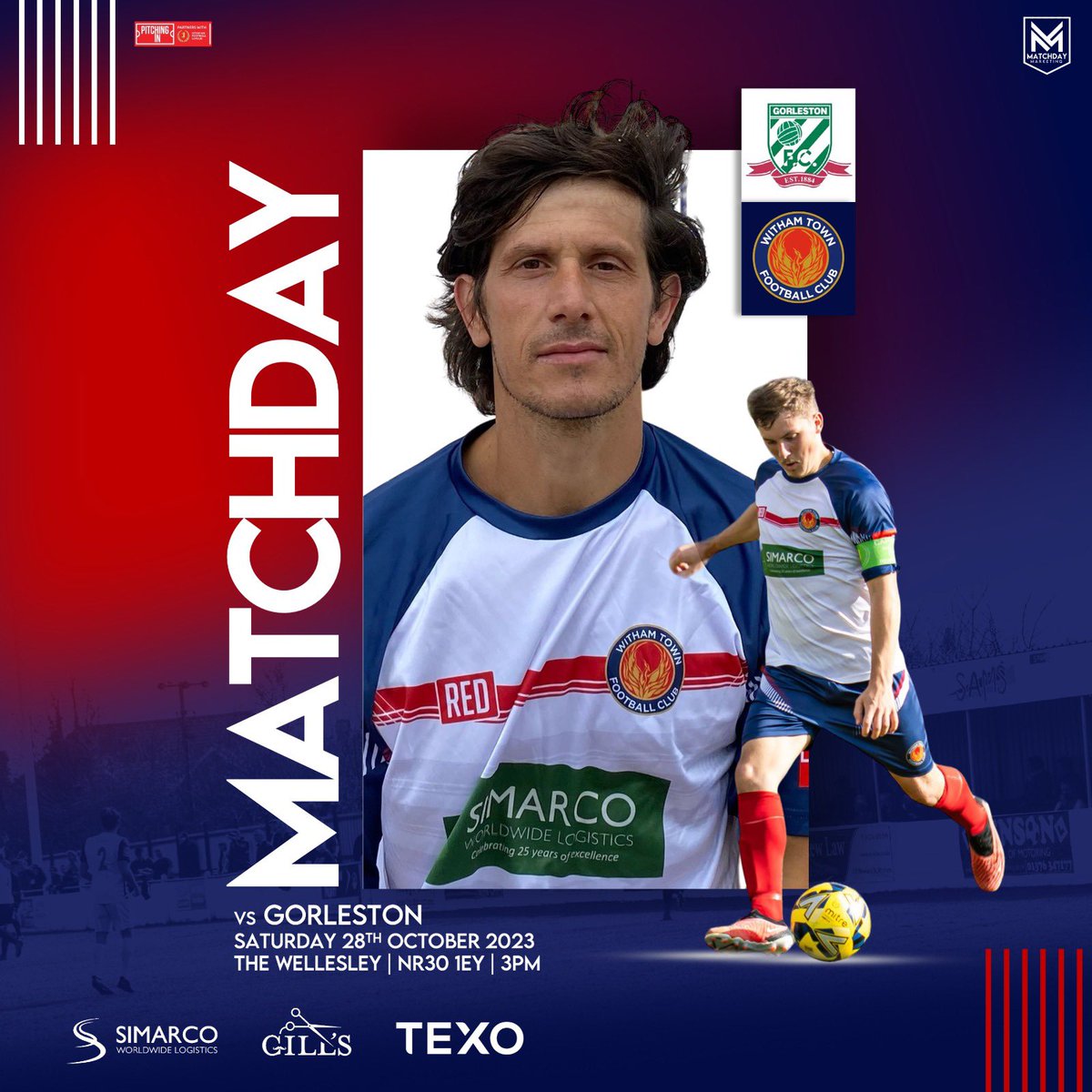Withamtownfc's tweet photo. ⚽️ MATCH DAY FOR THE TOWN ⚽️

🆚 @gorlestonfc 
🏆 @IsthmianLeague 
🕰️ KO - 3PM
📍 NR30 1EY
🏟 The Wellesley 

#UpTheTown https://t.co/in98ICrmni