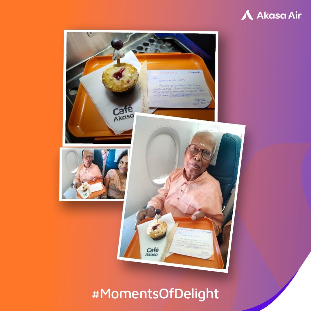 AkasaAir's tweet photo. Skyful of wishes to Mr. Soumnath, who turned 80 on the day he was flying with us! Our crew Divya Singh made it more special with this cute surprise!๐ง๐งก๐
Needless to say, Mr. Soumnath loved his cupcake and #TheAkasaExperience โจ
#MomentsOfDelight #ItsYourSky #AkasaAir https://t.co/loB3sIpK96