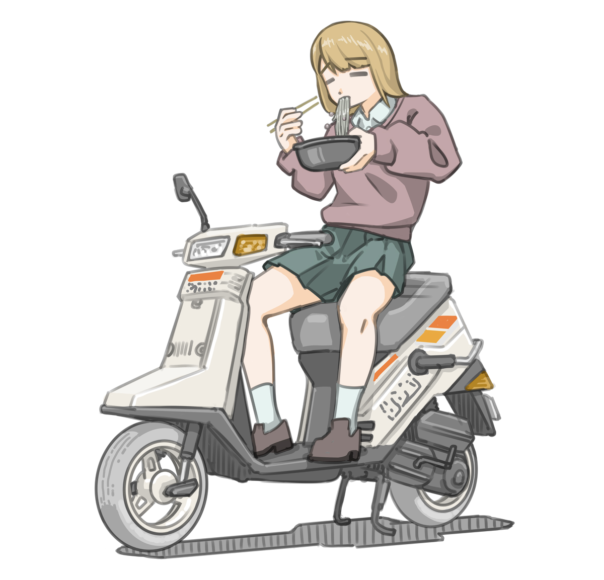 「かき揚げ蕎麦をテイクアウトしてすぐ食べる女子です。(ヤマハ ボクスン)#バイクJ」|きわみらい@バイクJKのイラスト描きのイラスト