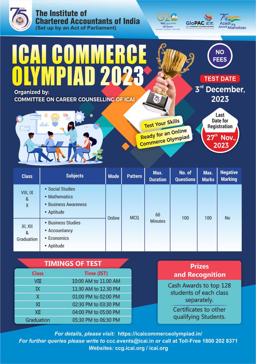 Register for ICAI Commerce Olympiad 2023 organized by CCC-ICAI - A Talent Search Test for Students studying in Classes VIII/IX/X/XI/XII & Graduation & win attractive prizes. Test Date - 3rd Dec 2023 Hurry Up. Registration Closes 27th Nov 2023 Details icaicommerceolympiad.in