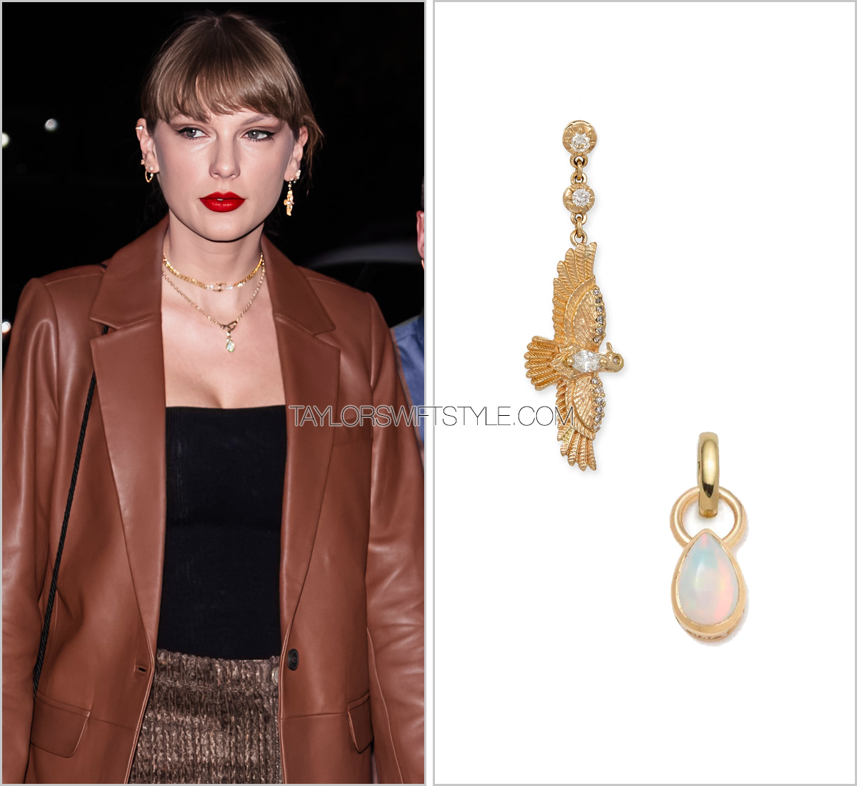 tswiftstyle's tweet photo. October 27, 2023. @taylorswift13 wears a #JacquieAiche thunderbird drop stud ($4,550) and a #Foundrae opal charm ($1,450). Details @ https://t.co/NpIB0GuhsI https://t.co/xBHnh5cKDj