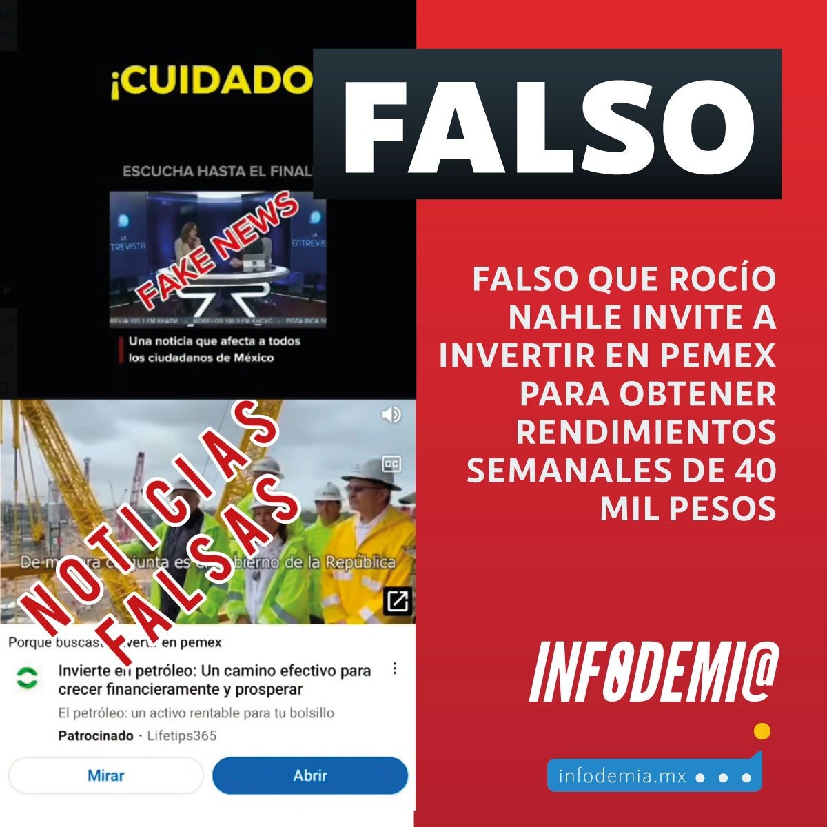 ❌Falso que <a href="/rocionahle/">Rocío Nahle</a> invite a invertir en <a href="/Pemex/">Petróleos Mexicanos</a> para obtener rendimientos semanales de 40 mil pesos

✅El video promocional que circula en redes sociales manipula las voces de la titular de la <a href="/SENER_mx/">SENER México</a> y de <a href="/lopezdoriga/">Joaquín López-Dóriga</a> para engañar al público y así cometer fraude.
🧵1/2
