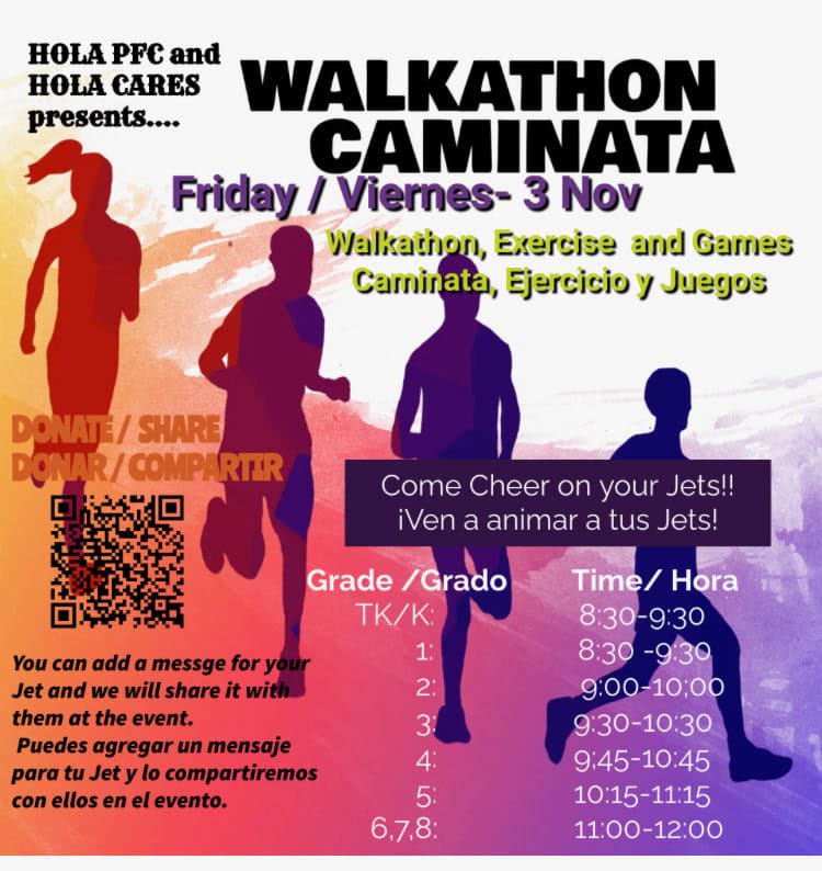 #HOLAWalkathon is coming soon!!!! Save the date - Friday November 3rd - check grades for their participation time / All #HOLAFamilias are welcome to cheer for their ✈️
Make your pledge here:

app.99pledges.com/fund/holawalks